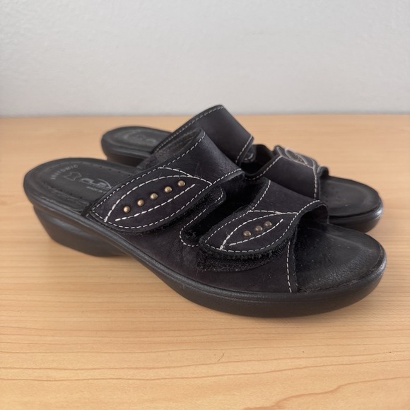Flexus Comfort Womens Black Slip On Sandals Made in Italy Sz 37 US 6.5‎ Leather - Picture 1 of 9